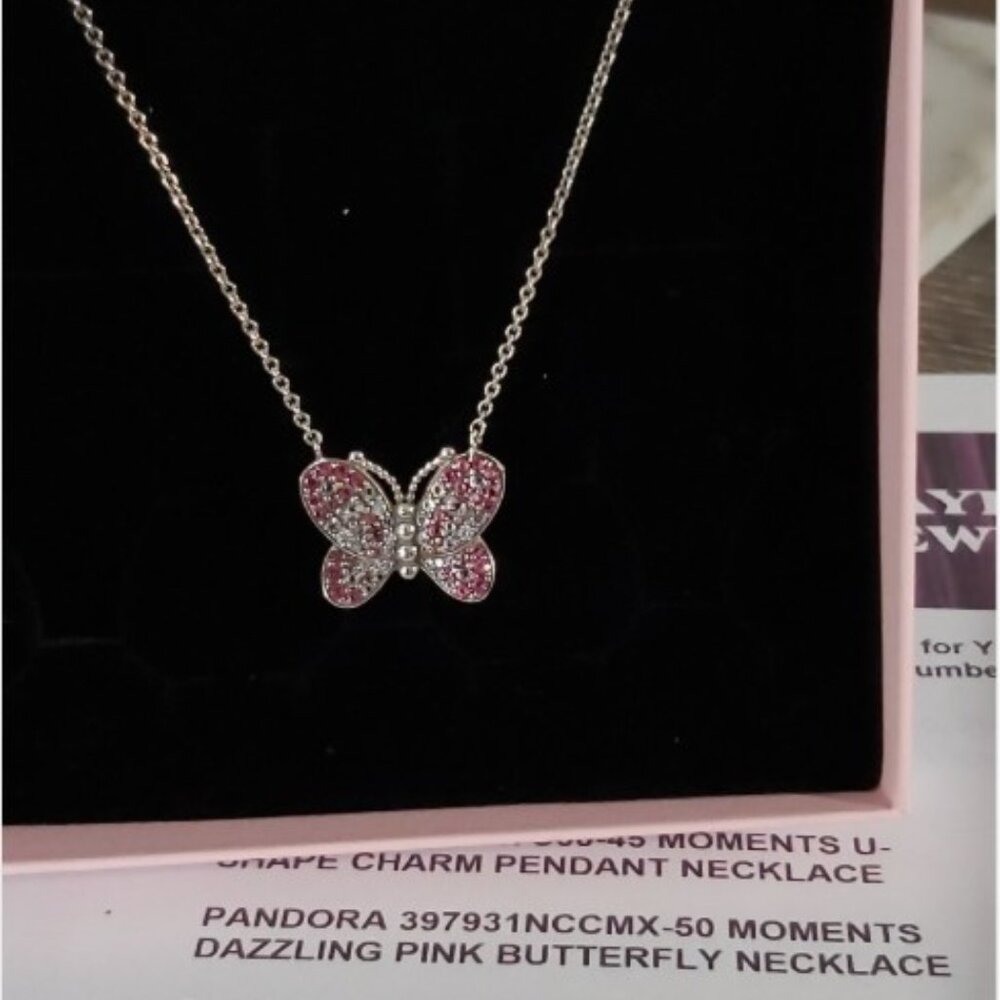 PANDORA *RETIRED* SS Dazzling Pink Butterfly Necklace w/ Pink and Clear Crystals